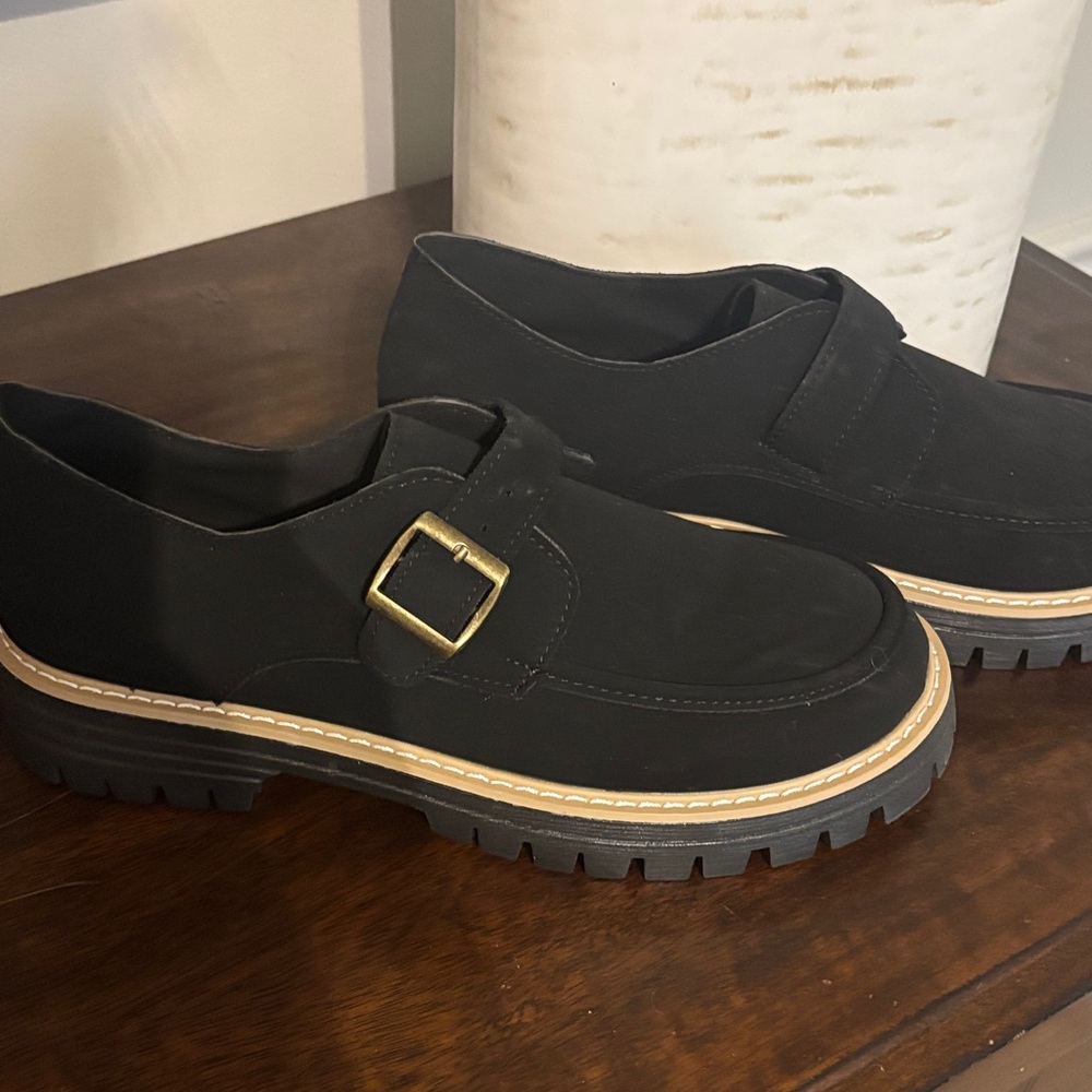 Black Buckle Lug Sole Loafers